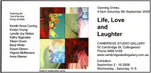 Image of flyer invite for Life, Love and Laughter exhibition.